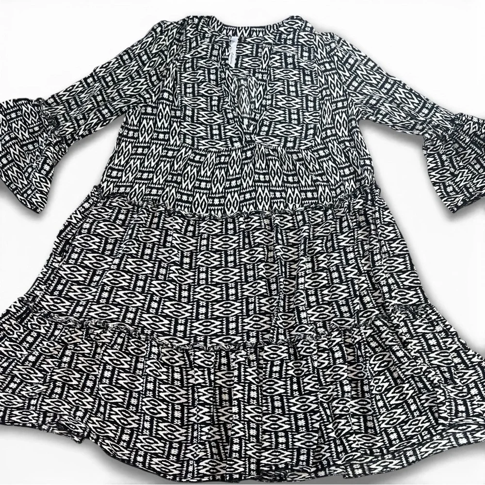 NY Collection Women’s Medium Black & White Tiered Boho Dress | Rayon